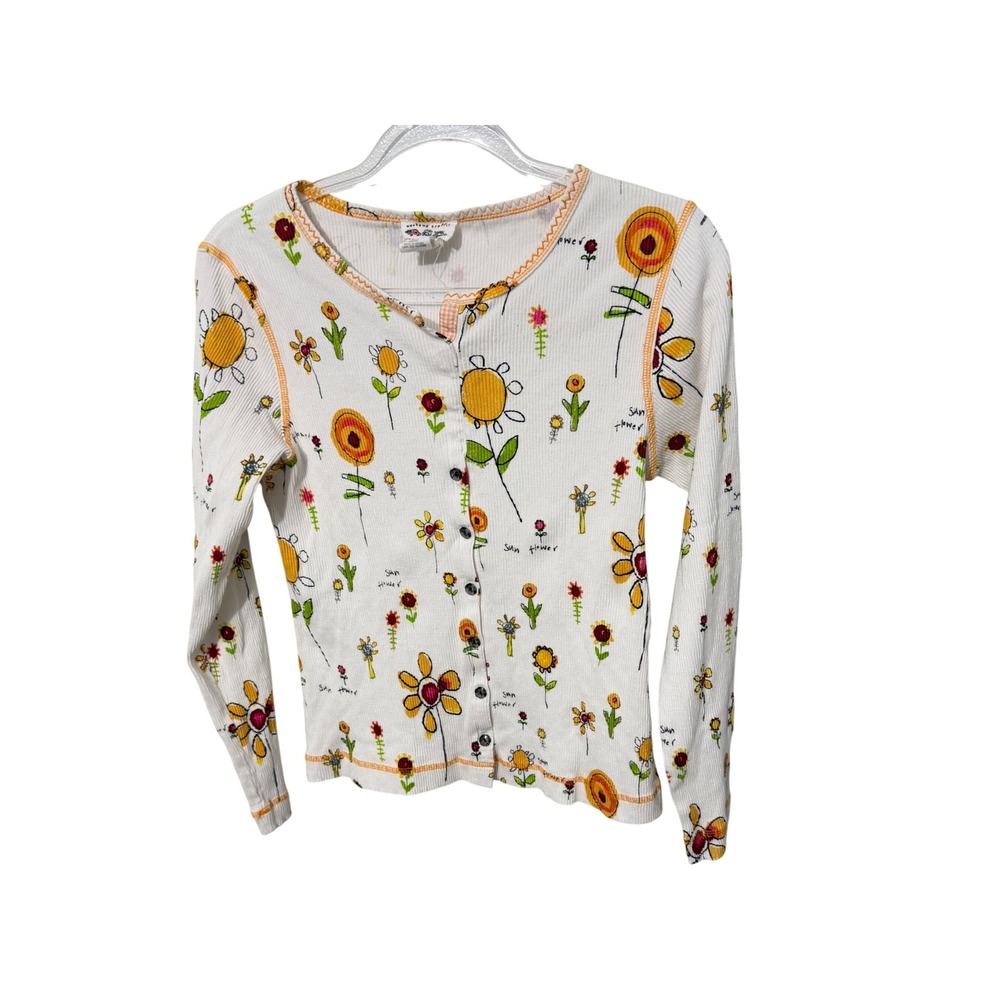 Weekend Traffic  Women's M White Sunflower Ribbed Cotton Long Sleeve Top